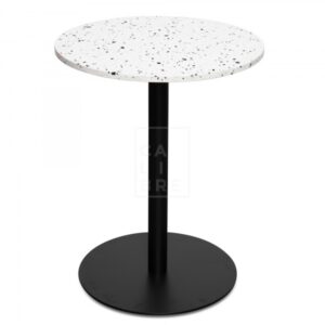 a round table with a black base and white speckled top