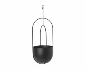 a black hanging planter with a metal handle