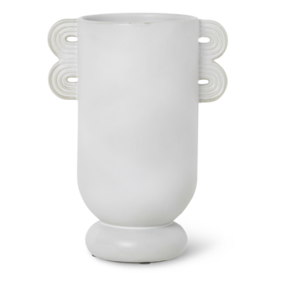 White modern ceramic vase with unique loop handle design