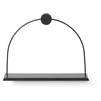 A minimalist black shelf with a circular frame and a round attachment point at the top