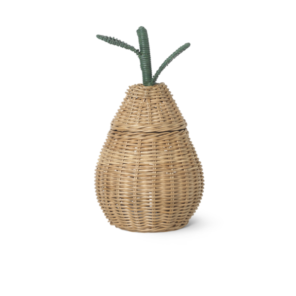 Pear-shaped wicker storage basket with green leaves on top