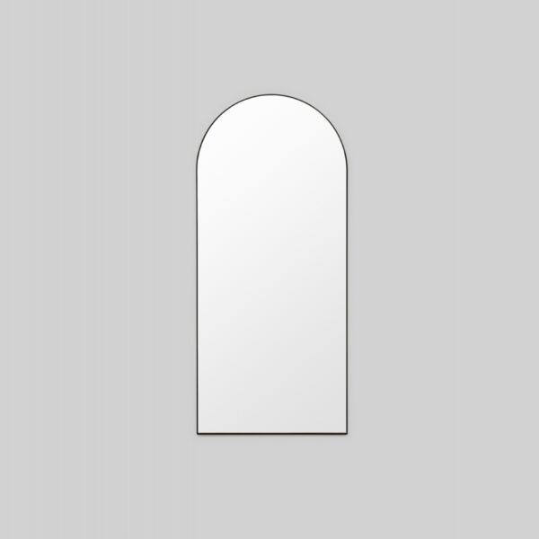 Tall, arched mirror with a thin black frame
