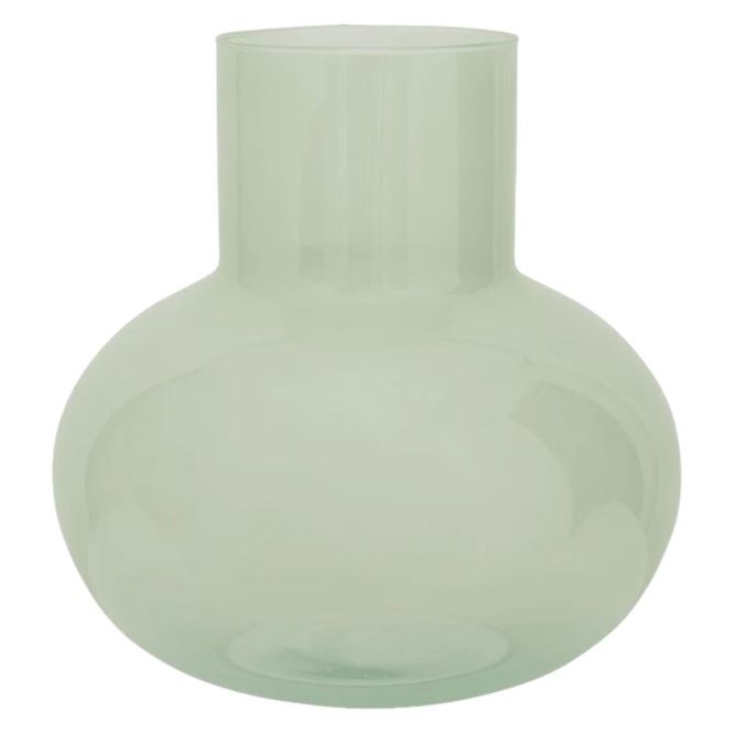 a light green glass vase is shown on a white background