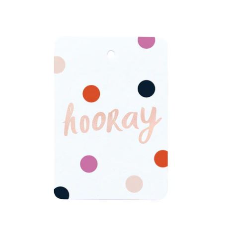a tag with the word hooray printed on it