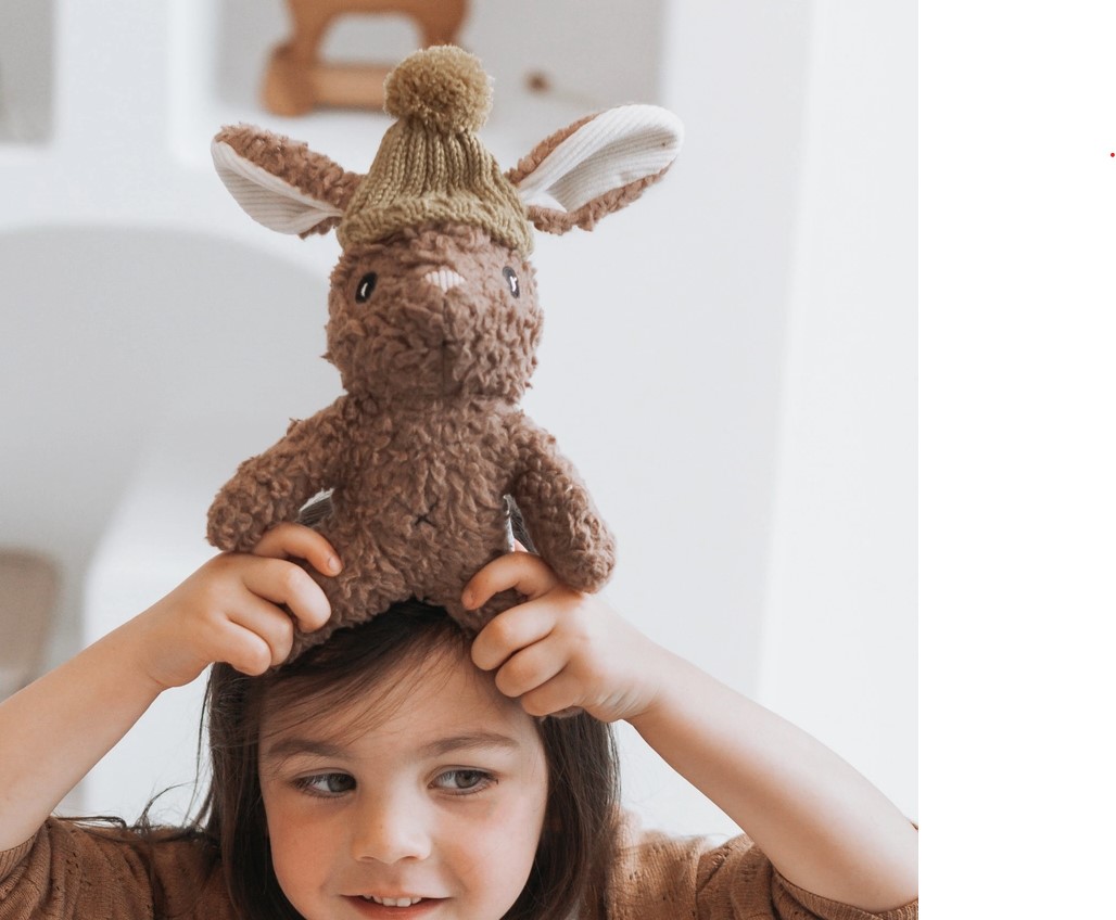 a little girl holding a stuffed animal on top of her head