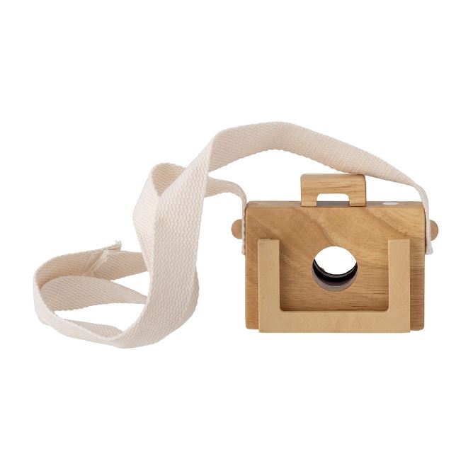 a wooden camera with a white strap around it