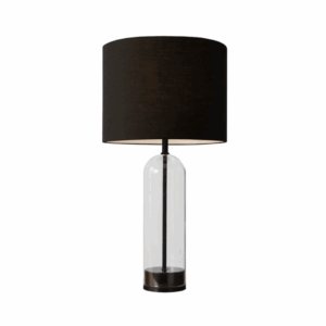 A modern table lamp with a clear glass base and a black drum shade, suitable for contemporary interior styling.