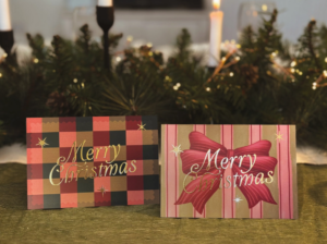 Merry Christmas Check Boxed Card Set flat lay with envelopes