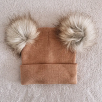 Brown baby beanie hat with fluffy pom pom top for newborns to 8 years