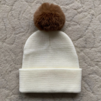 Cream beanie with pom pom kids baby two-tone brown pom pom 100% cotton by Himmelberg