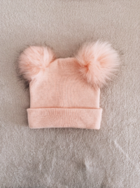 Kids pom pom beanie salmon pink with fluffy pom pom top for newborns to 8 years