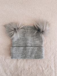 Grey kids beanie hat with fluffy pom pom top for newborns to 8 years